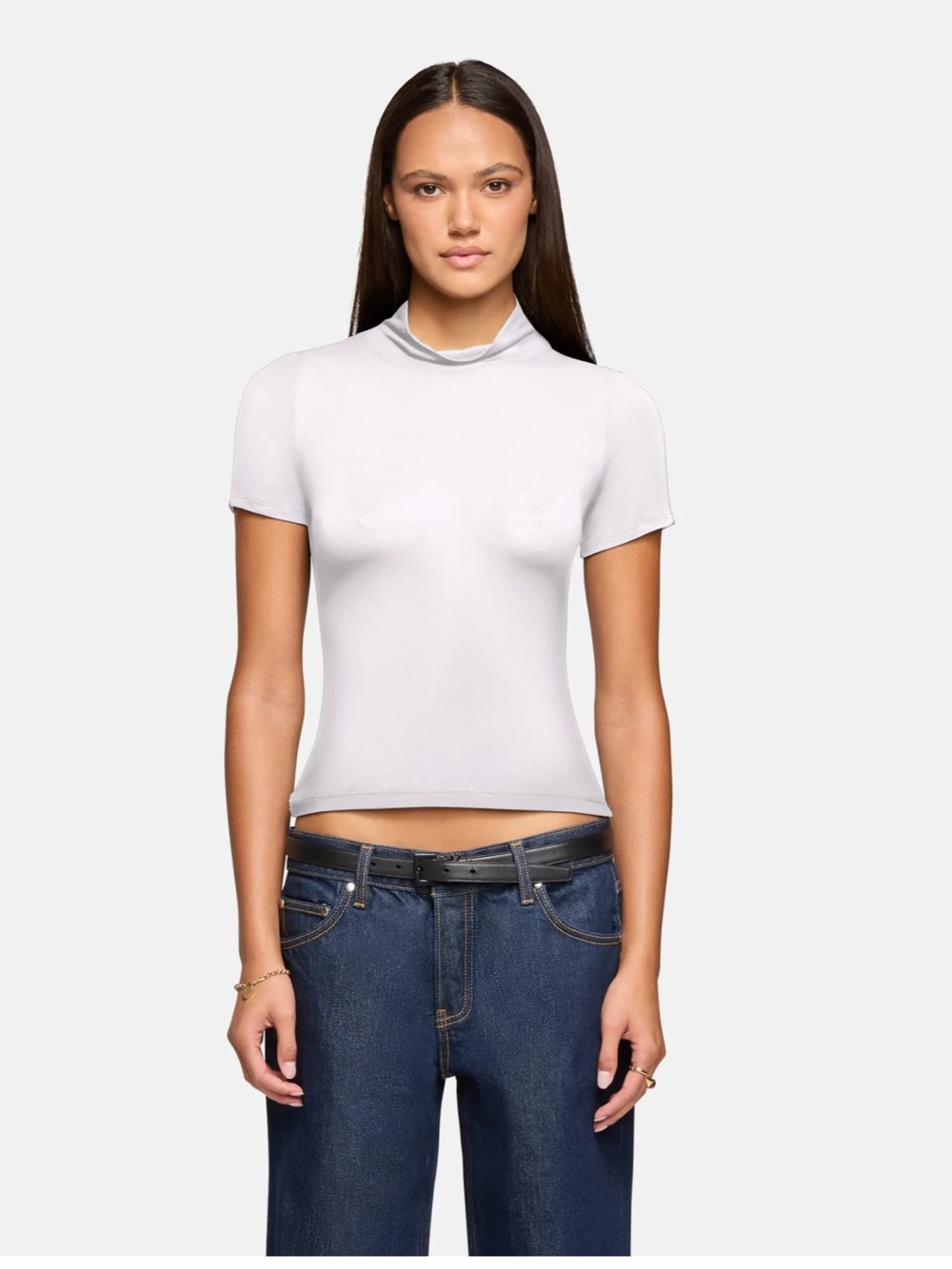 EB Denim White Short Sleeve Mock Neck Crop Top